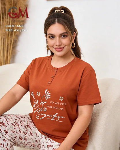 بيجامة حريمي مقاسات كبيرة قطن تيشيرت وبنطلون مطبوع – GM Fashion موديل 4455