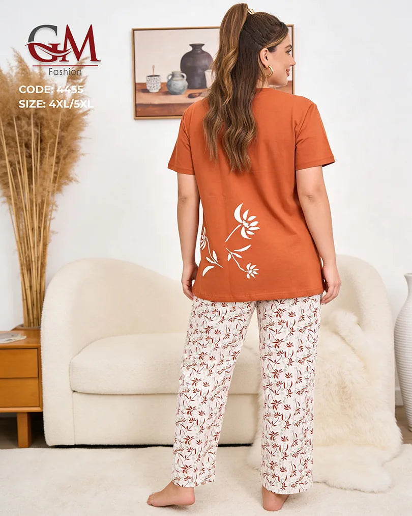 بيجامة حريمي مقاسات كبيرة قطن تيشيرت وبنطلون مطبوع – GM Fashion موديل 4455