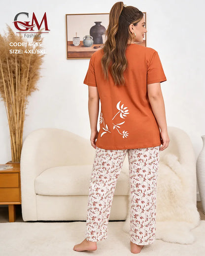 بيجامة حريمي مقاسات كبيرة قطن تيشيرت وبنطلون مطبوع – GM Fashion موديل 4455