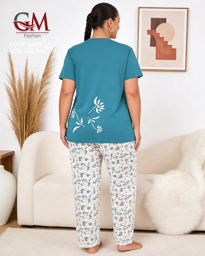 بيجامة حريمي مقاسات كبيرة قطن تيشيرت وبنطلون مطبوع – GM Fashion موديل 4455