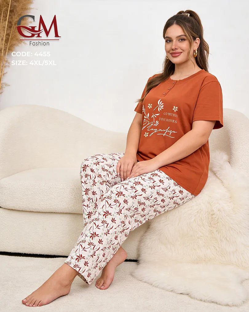 بيجامة حريمي مقاسات كبيرة قطن تيشيرت وبنطلون مطبوع – GM Fashion موديل 4455