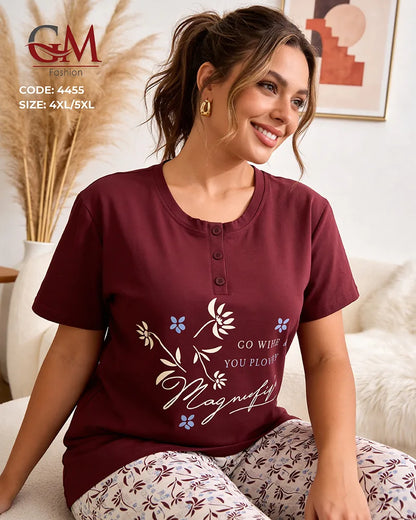 بيجامة حريمي مقاسات كبيرة قطن تيشيرت وبنطلون مطبوع – GM Fashion موديل 4455