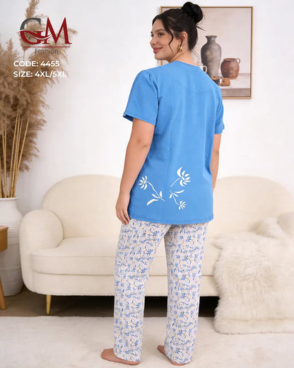 بيجامة حريمي مقاسات كبيرة قطن تيشيرت وبنطلون مطبوع – GM Fashion موديل 4455
