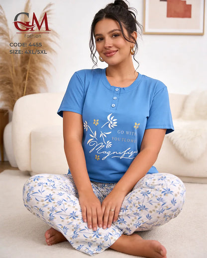 بيجامة حريمي مقاسات كبيرة قطن تيشيرت وبنطلون مطبوع – GM Fashion موديل 4455