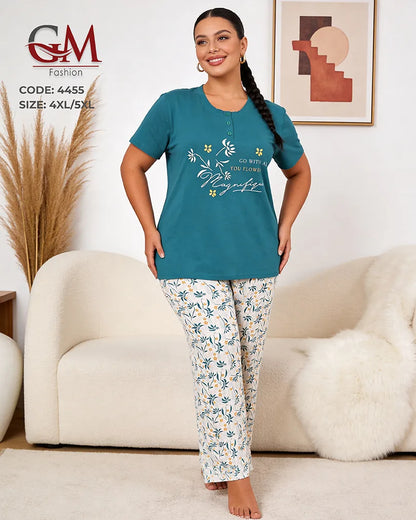 بيجامة حريمي مقاسات كبيرة قطن تيشيرت وبنطلون مطبوع – GM Fashion موديل 4455
