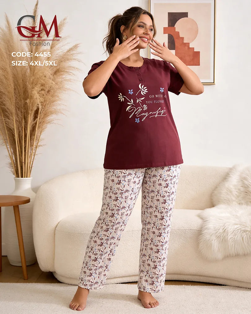 بيجامة حريمي مقاسات كبيرة قطن تيشيرت وبنطلون مطبوع – GM Fashion موديل 4455