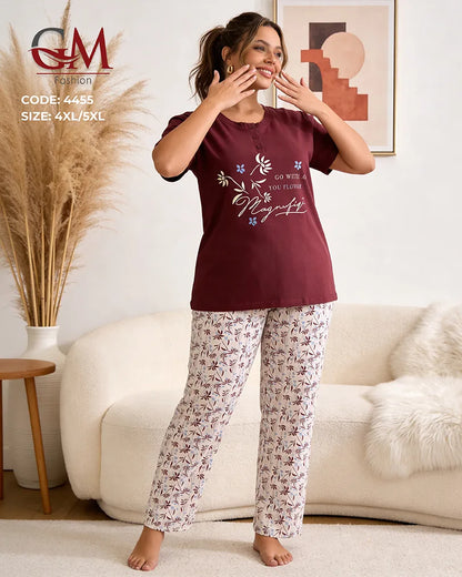 بيجامة حريمي مقاسات كبيرة قطن تيشيرت وبنطلون مطبوع – GM Fashion موديل 4455