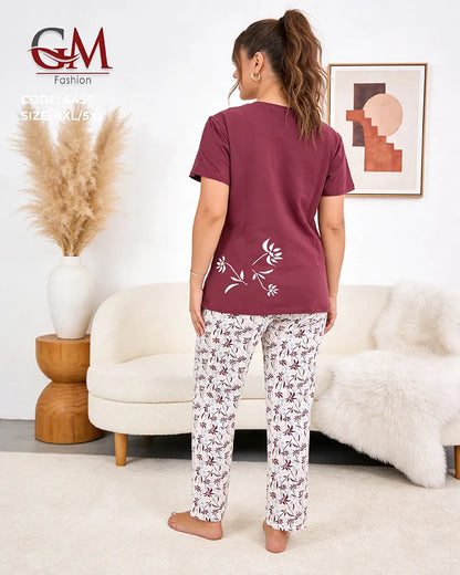 بيجامة حريمي مقاسات كبيرة قطن تيشيرت وبنطلون مطبوع – GM Fashion موديل 4455