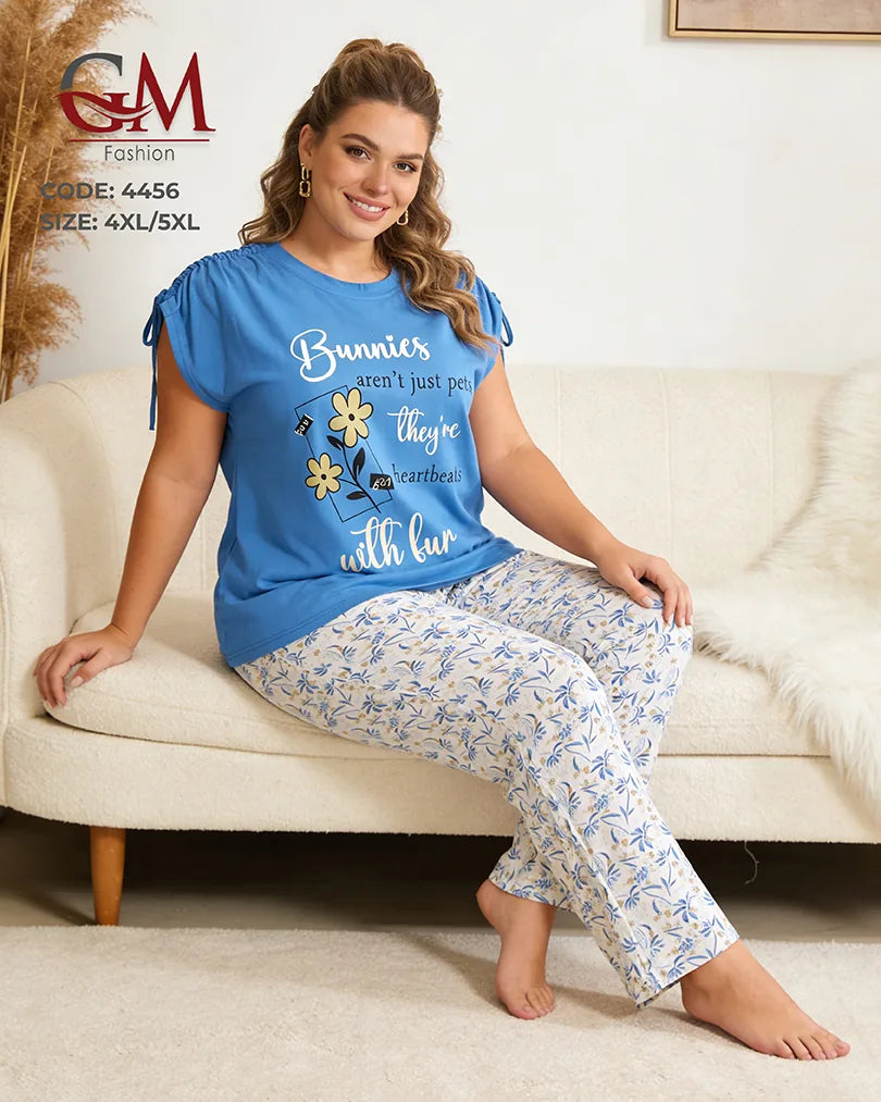 بيجامة حريمي مقاسات كبيرة قطن تيشيرت بطباعة وبنطلون مزخرف – GM Fashion موديل 4456