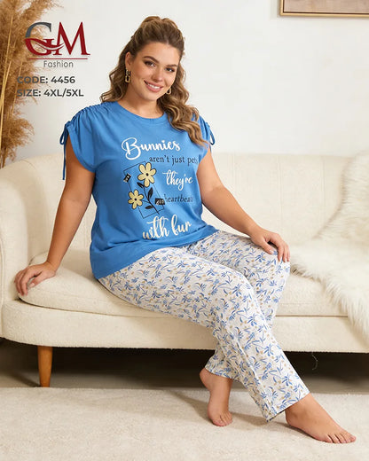 بيجامة حريمي مقاسات كبيرة قطن تيشيرت بطباعة وبنطلون مزخرف – GM Fashion موديل 4456
