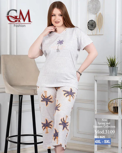 بيجامة حريمي صيفي قطن تيشيرت + بنطلون واسع مريح | GM Fashion موديل 4476