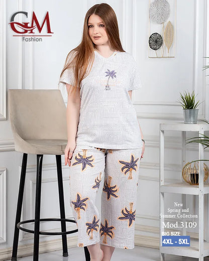 بيجامة حريمي صيفي قطن تيشيرت + بنطلون واسع مريح | GM Fashion موديل 4476