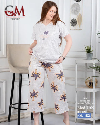 بيجامة حريمي صيفي قطن تيشيرت + بنطلون واسع مريح | GM Fashion موديل 4476