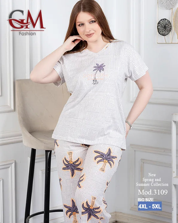 بيجامة حريمي صيفي قطن تيشيرت + بنطلون واسع مريح | GM Fashion موديل 4476