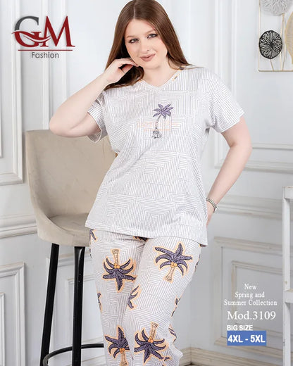 بيجامة حريمي صيفي قطن تيشيرت + بنطلون واسع مريح | GM Fashion موديل 4476
