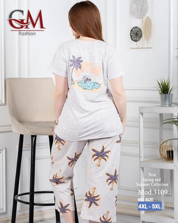 بيجامة حريمي صيفي قطن تيشيرت + بنطلون واسع مريح | GM Fashion موديل 4476
