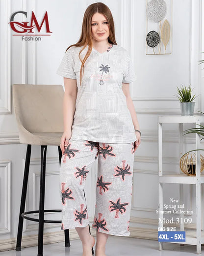 بيجامة حريمي صيفي قطن تيشيرت + بنطلون واسع مريح | GM Fashion موديل 4476