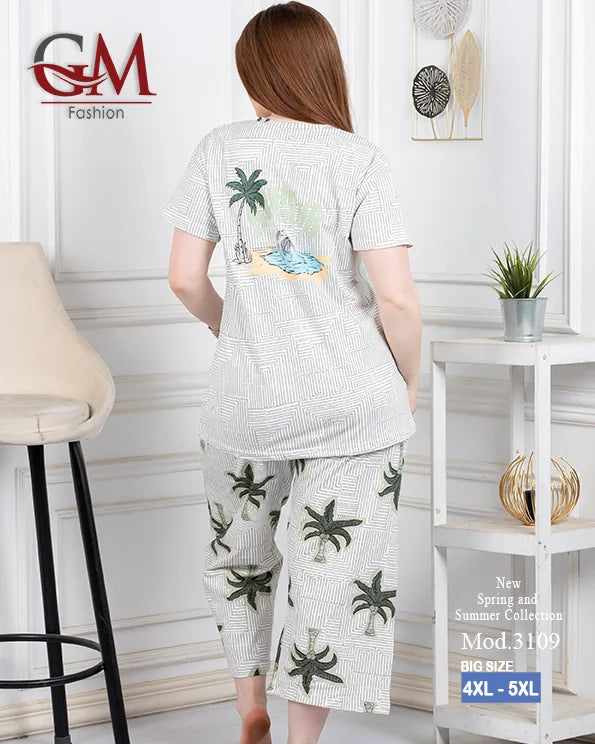 بيجامة حريمي صيفي قطن تيشيرت + بنطلون واسع مريح | GM Fashion موديل 4476