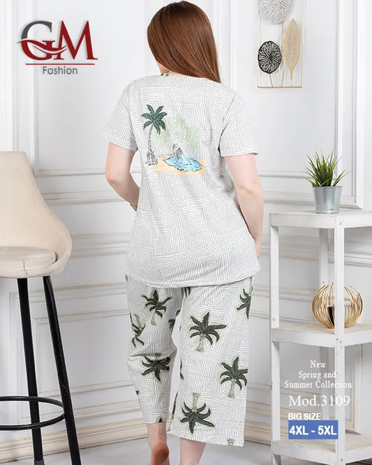 بيجامة حريمي صيفي قطن تيشيرت + بنطلون واسع مريح | GM Fashion موديل 4476