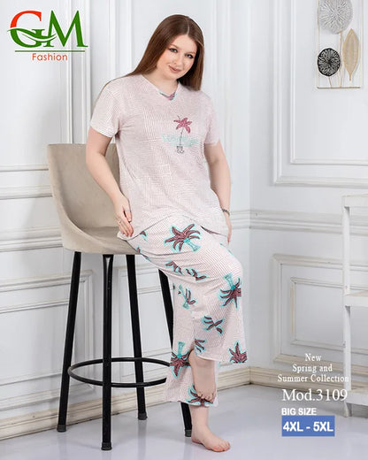 بيجامة حريمي صيفي قطن تيشيرت + بنطلون واسع مريح | GM Fashion موديل 4476