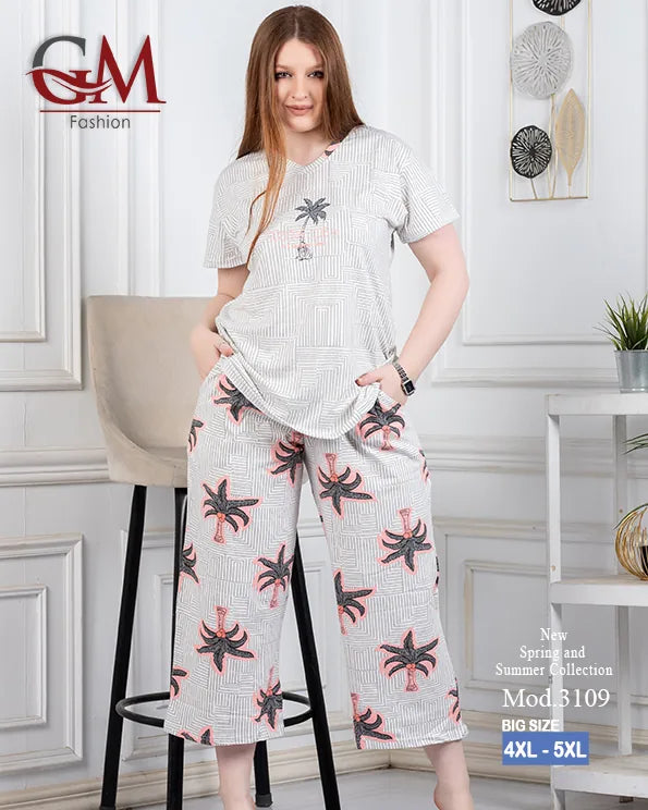 بيجامة حريمي صيفي قطن تيشيرت + بنطلون واسع مريح | GM Fashion موديل 4476