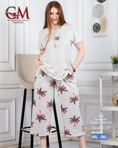 بيجامة حريمي صيفي قطن تيشيرت + بنطلون واسع مريح | GM Fashion موديل 4476