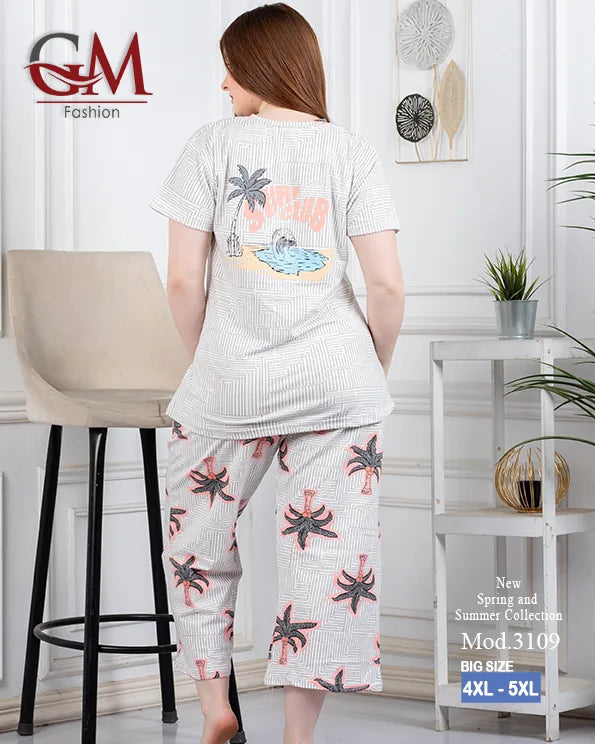 بيجامة حريمي صيفي قطن تيشيرت + بنطلون واسع مريح | GM Fashion موديل 4476