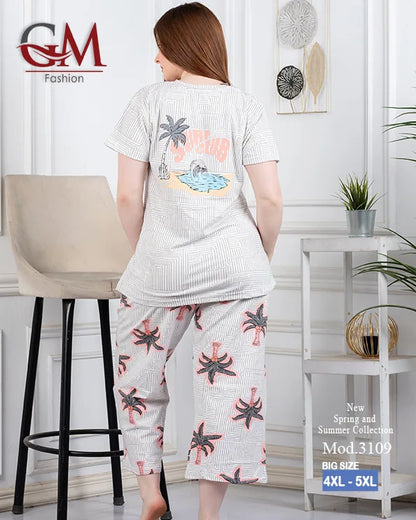بيجامة حريمي صيفي قطن تيشيرت + بنطلون واسع مريح | GM Fashion موديل 4476