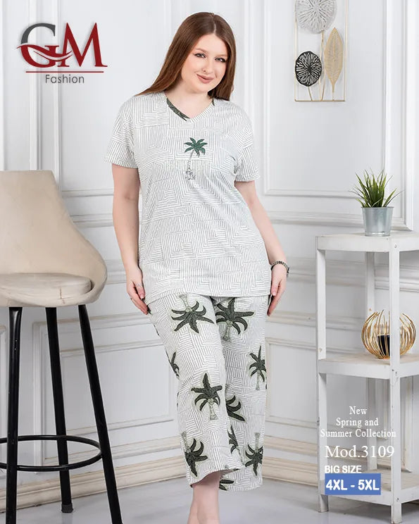 بيجامة حريمي صيفي قطن تيشيرت + بنطلون واسع مريح | GM Fashion موديل 4476