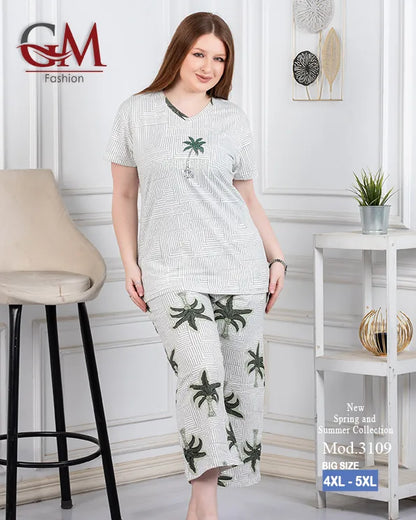بيجامة حريمي صيفي قطن تيشيرت + بنطلون واسع مريح | GM Fashion موديل 4476