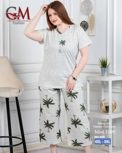 بيجامة حريمي صيفي قطن تيشيرت + بنطلون واسع مريح | GM Fashion موديل 4476