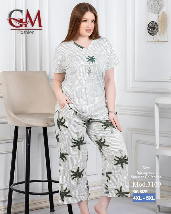 بيجامة حريمي صيفي قطن تيشيرت + بنطلون واسع مريح | GM Fashion موديل 4476
