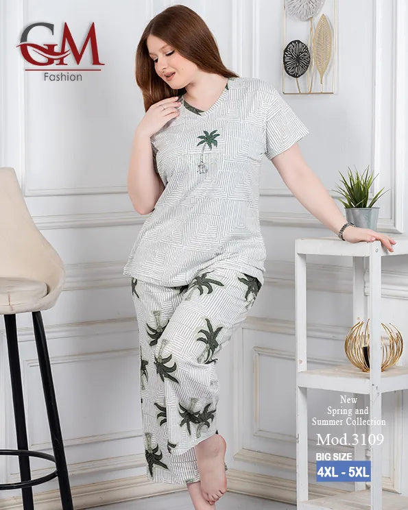 بيجامة حريمي صيفي قطن تيشيرت + بنطلون واسع مريح | GM Fashion موديل 4476