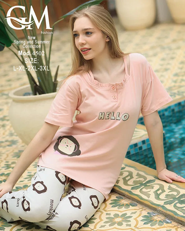 بيجامة حريمي قطن صيفي HELLO موديل 4502