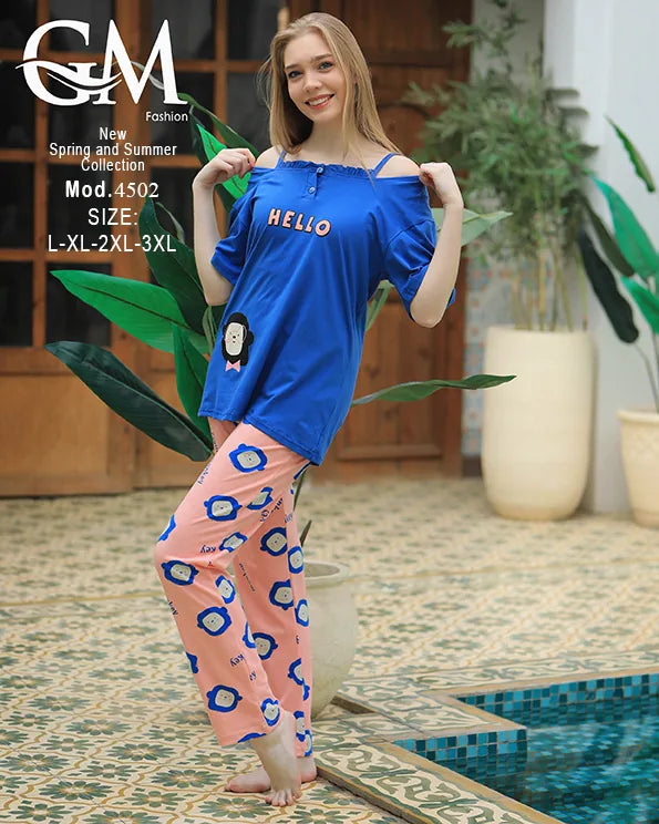 بيجامة حريمي قطن صيفي HELLO موديل 4502