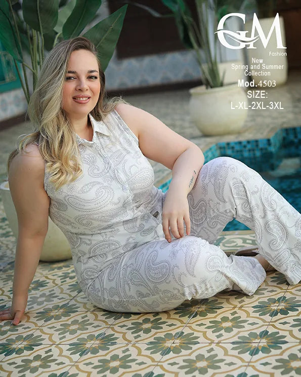 طقم حريمي صيفي قطن بدون أكمام GM Fashion – موديل 4503 مقاسات كبيرة