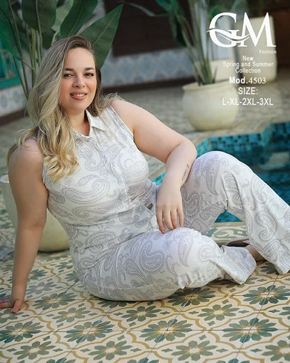 طقم حريمي صيفي قطن بدون أكمام GM Fashion – موديل 4503 مقاسات كبيرة