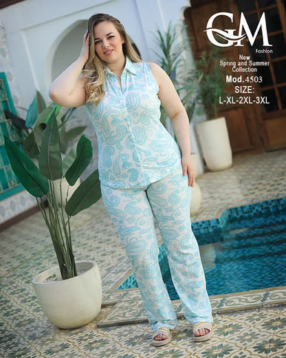 طقم حريمي صيفي قطن بدون أكمام GM Fashion – موديل 4503 مقاسات كبيرة