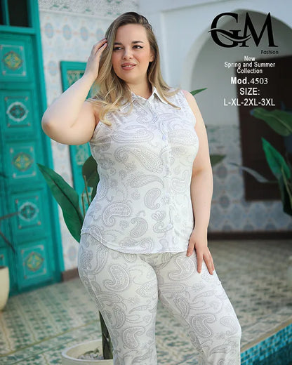 طقم حريمي صيفي قطن بدون أكمام GM Fashion – موديل 4503 مقاسات كبيرة