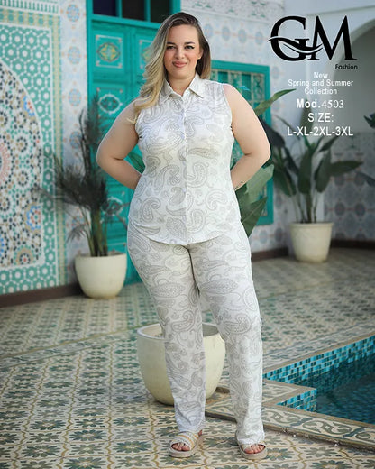 طقم حريمي صيفي قطن بدون أكمام GM Fashion – موديل 4503 مقاسات كبيرة