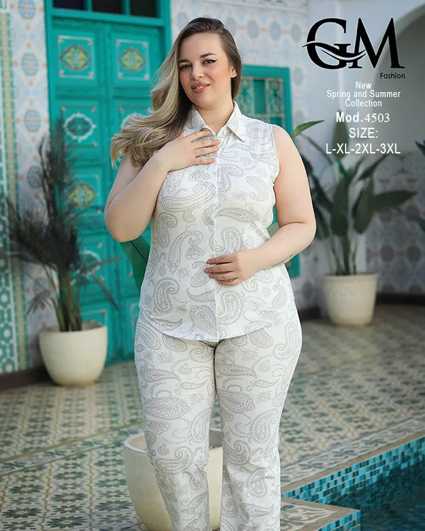 طقم حريمي صيفي قطن بدون أكمام GM Fashion – موديل 4503 مقاسات كبيرة