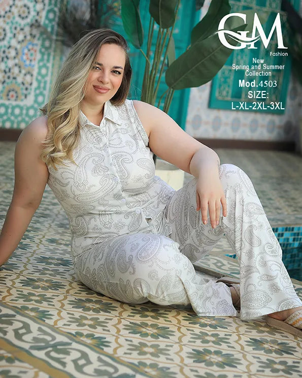 طقم حريمي صيفي قطن بدون أكمام GM Fashion – موديل 4503 مقاسات كبيرة
