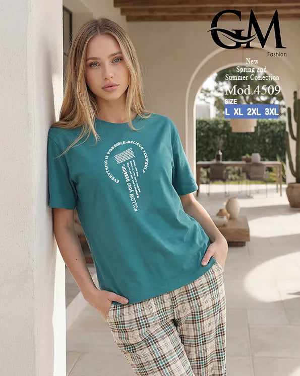 بيجامة حريمي قطن صيفي بنقشة كاروهات وظهر دانتيل | GM Fashion كود 4509