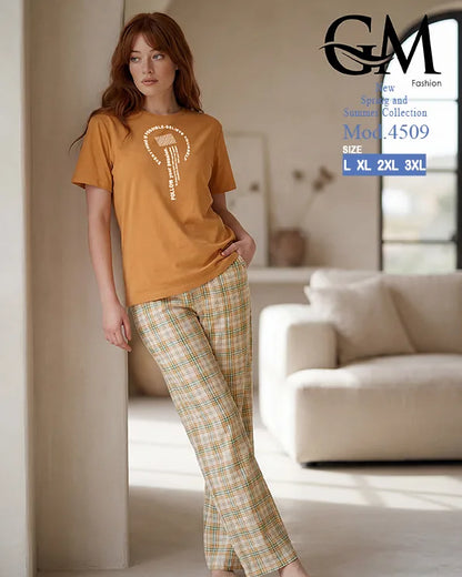 بيجامة حريمي قطن صيفي بنقشة كاروهات وظهر دانتيل | GM Fashion كود 4509