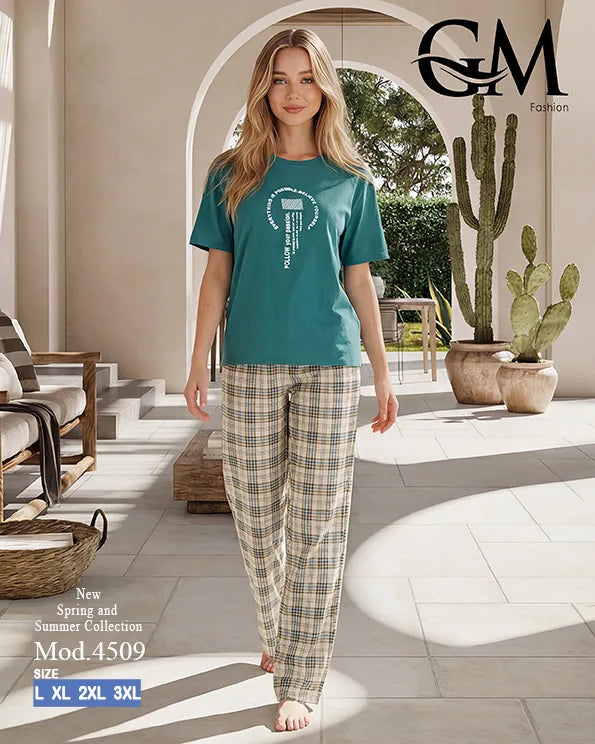 بيجامة حريمي قطن صيفي بنقشة كاروهات وظهر دانتيل | GM Fashion كود 4509