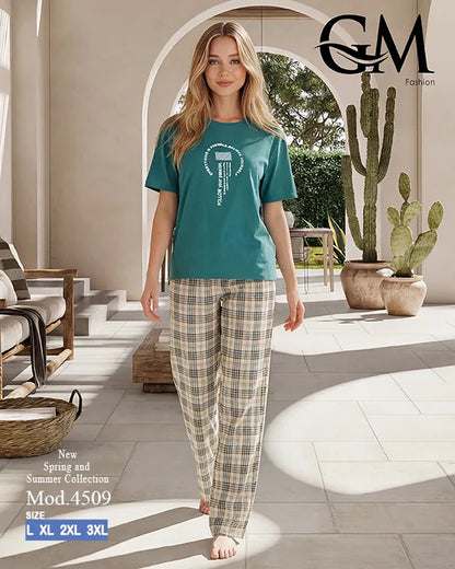 بيجامة حريمي قطن صيفي بنقشة كاروهات وظهر دانتيل | GM Fashion كود 4509