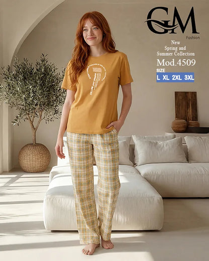 بيجامة حريمي قطن صيفي بنقشة كاروهات وظهر دانتيل | GM Fashion كود 4509