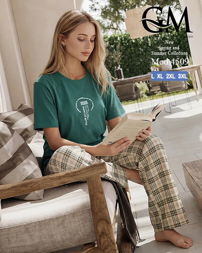 بيجامة حريمي قطن صيفي بنقشة كاروهات وظهر دانتيل | GM Fashion كود 4509