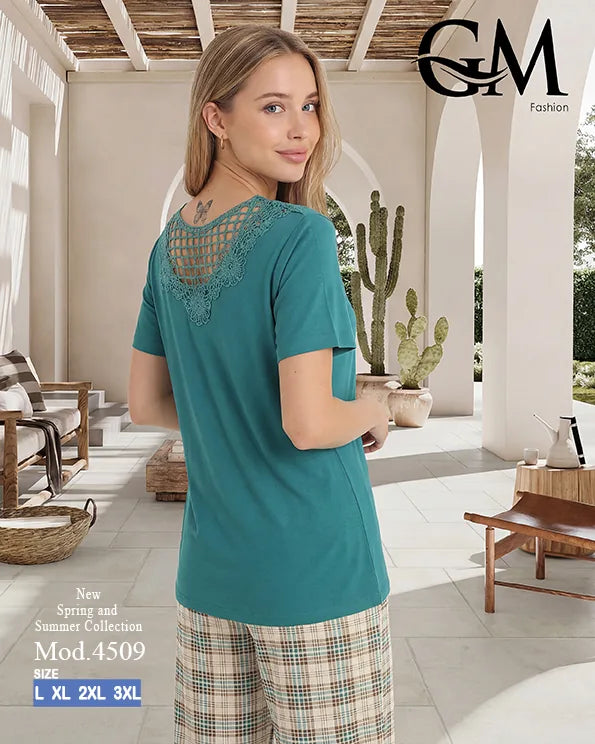 بيجامة حريمي قطن صيفي بنقشة كاروهات وظهر دانتيل | GM Fashion كود 4509