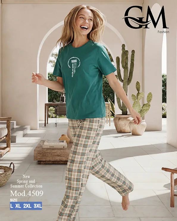 بيجامة حريمي قطن صيفي بنقشة كاروهات وظهر دانتيل | GM Fashion كود 4509